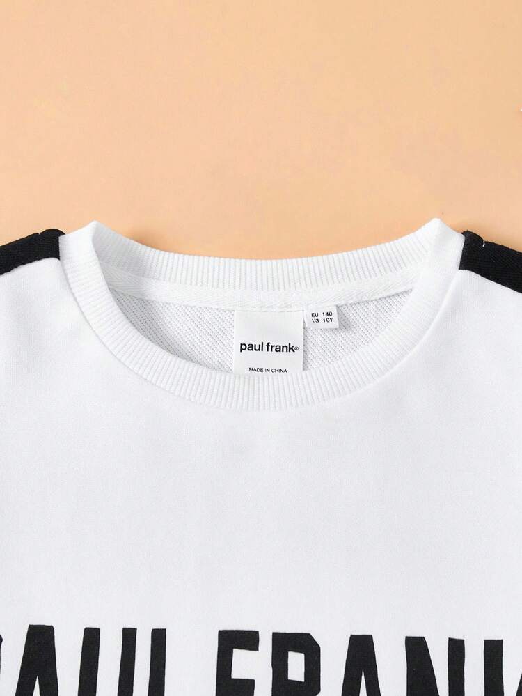 Paul Frank X SHEIN Tween Girl Outdoor Casual Vintage Letter Print Pattern Round Neck Contrast Tape Loose Drop Shoulder White Sweatshirt - White - View 3