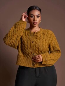 Veslaya 秋冬新款优雅休闲宽松纯色深黄色长袖短款针织开衫，适合派对、约会和日常穿着，大码女款 - 芥末黃 - 查看 4