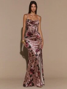 SHEIN BAE 蕾丝边细肩带花卉印花长裙，高开叉修身长裙，女士优雅曲线连衣裙，度假连衣裙，情人节约会连衣裙，伴娘迷你连衣裙，印花连衣裙 - 彩色 - 查看 6