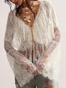 Bohemela Áo cánh tay dài cổ chữ V ren dệt kim màu trơn đơn giản cho nữ - Màu be - Xem 3