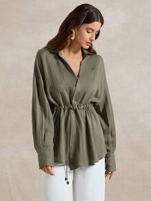 Briarwyn 女士休闲纯色抽绳长袖衬衫，适合日常穿着 - 軍綠色 - 查看 6