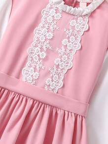 SHEIN 女童长袖 A 字裙，白色袖子和粉色连衣裙，可爱的花卉蕾丝边，适合日常穿着和通勤 - 粉色 - 查看 6