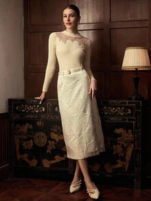 ZEYLAH Lace Embroidered Patchwork Knit Base Layer Top, Autumn/Winter - White - View 1