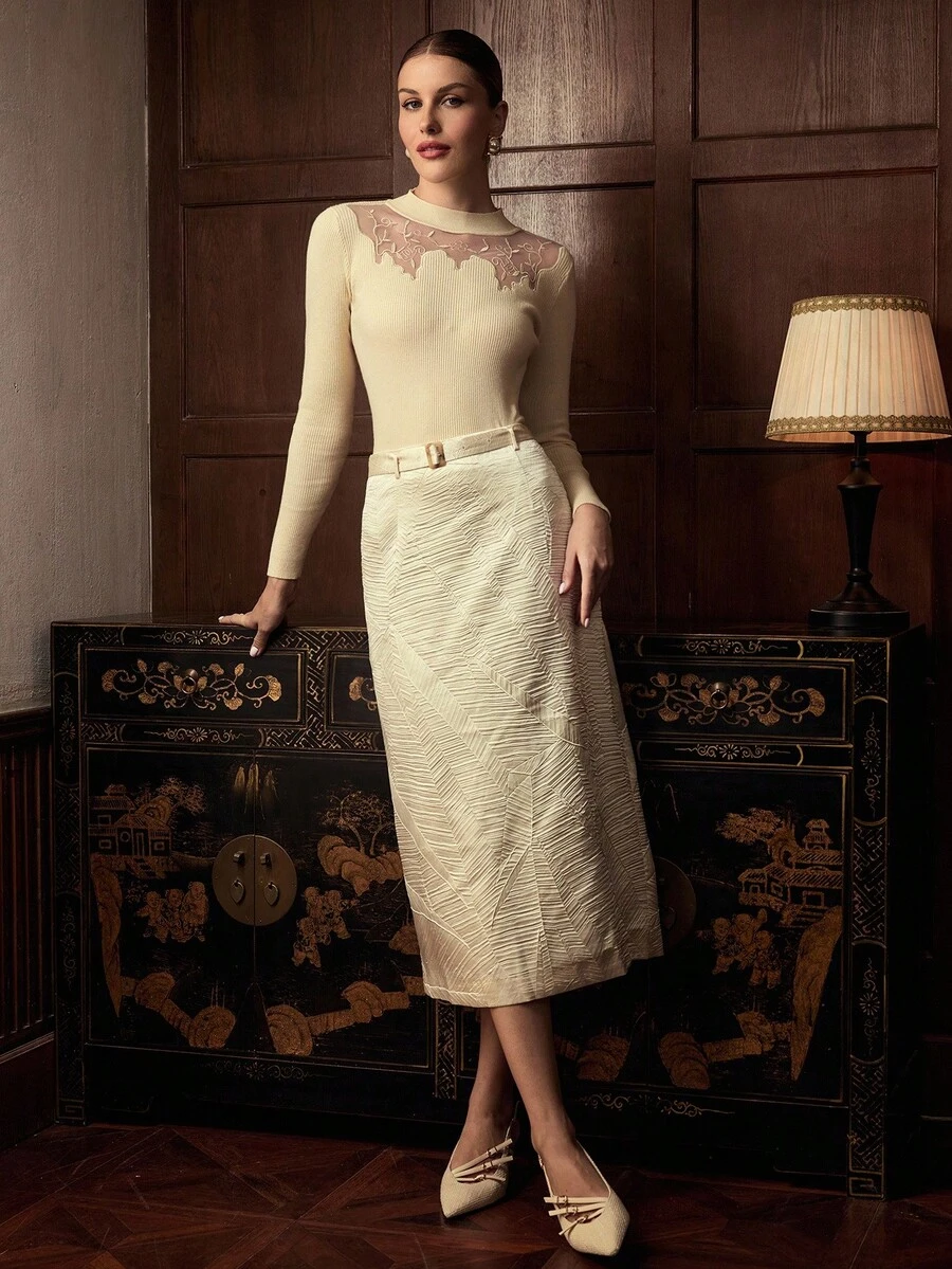 ZEYLAH Lace Embroidered Patchwork Knit Base Layer Top, Autumn/Winter - White - View 1