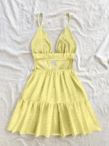 Soleia Women Casual Vacation V-Neck Hollow Out Frill Hem Mini Dress, Suitable For Summer, Resort Wear, Butter Yellow Dress, Springbreak ,Brunch-Ready Summer Dresses For Women Suitable For Going Out