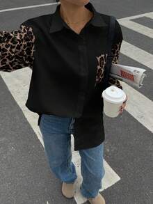 Siren Gaze Koszula damska z długim rękawem i nadrukiem w panterkę, minimalistyczna koszula damska w stylu retro, koszula damska w stylu ulicznym, koszula z nadrukiem w panterkę