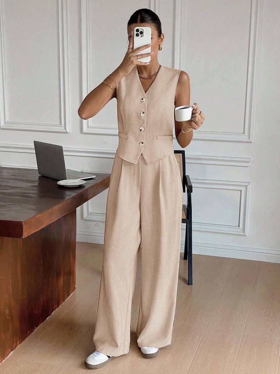 Siren Gaze Bộ vest và quần âu trơn màu thường ngày/công sở dành cho nữ mùa thu/đông - Màu be - Xem 1