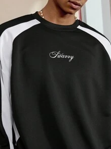 SWAVVY Men's Casual Long Sleeve Pullover Sweatshirt, Black & White Patchwork Graphic Print Crew Neck, For Fall Winter - Black and White - View 6