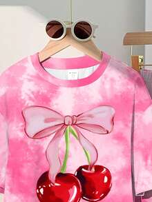 SHEIN Leap Crew 青少年女孩休闲可爱甜美蝴蝶结和樱桃扎染短袖上衣和长裤两件套，适合夏季返校、节日服装、卡哇伊、女孩服装套装、青少年女孩服装、女孩服装、儿童、返校、返校节、校服、休闲、针线活 - 彩色 - 查看 4