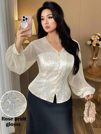 Auvina Plus Size Women's Woven Chiffon Patchwork V-Neck Long Sleeve Faux Silk Rose Print Blouse, Elegant For Spring & Autumn