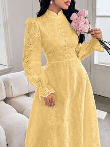 Modelyn 孔眼刺绣荷叶边袖长连衣裙 - 黃色 - 查看 7