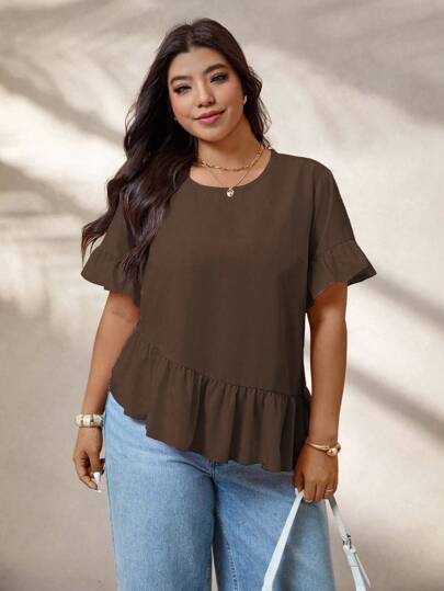 EMERY ROSE Plus Size Women Casual Ruffle Sleeve Asymmetrical Hem Loose Blouse, Summer