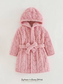 Cozy Pixies Young Girl Solid Color Textured Thermal Lined Hooded Robe With Tie Fall Winter - Pink - View 1