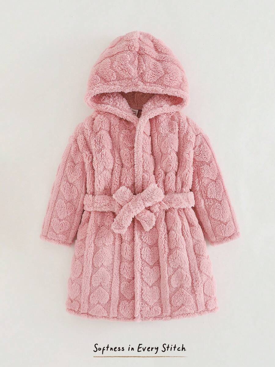 Cozy Pixies Young Girl Solid Color Textured Thermal Lined Hooded Robe With Tie Fall Winter - Pink - View 1