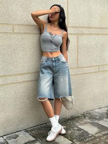 EURMUSE Damen Einfarbige Lässige Jeans Shorts - Helle Waschung - Übersicht 6