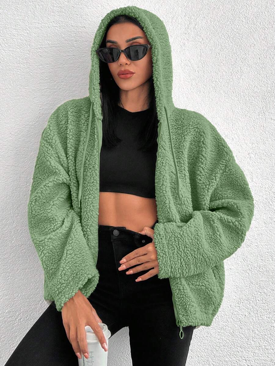 EURMUSE 100%Cotton Zip Up Drop Shoulder Hooded Teddy Jacket - Green - View 1