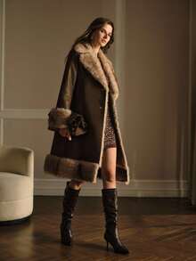 MOTF PREMIUM PU LEATHER FUZZY PANEL LAPEL COLLAR SINGLE BREASTED PLACKET BELTED COAT , FALL WINTER - Coffee Brown - View 8