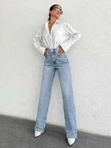 SHEIN Tall Tall High Waist Casual Straight Jean Jeans For Women Women Jeans High Waisted  Women S Summer Clothes - Medium Wash - View 4