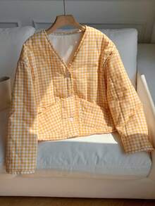 Comfortcana Women's Casual Plaid Long Sleeve Pocket Padded Coat In Fall/Winter - Yellow - View 6