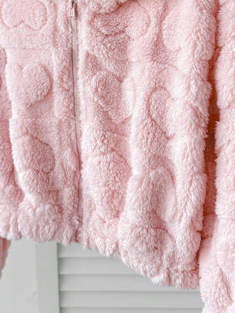 SHEIN 青少年女孩休闲纯粉色心形图案蓬松短款连帽夹克，适合秋冬休闲日常穿着，粉色毛绒夹克，少女夹克，毛绒夹克，连帽泰迪熊夹克，可爱冬季夹克 - 粉色 - 查看 7