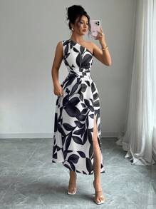 Selianne 女士优雅花卉印花单肩长裙，夏季 - 黑與白 - 查看 4