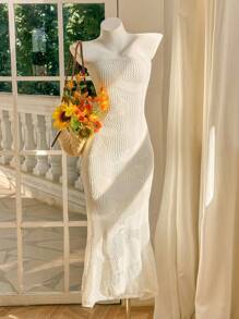 Skyraze Women's Elegant Slimming Crochet Halter Knitted Dress,Vacation Style Music Festival Fashionable And Elegant Boho White Long Dress - White - View 1