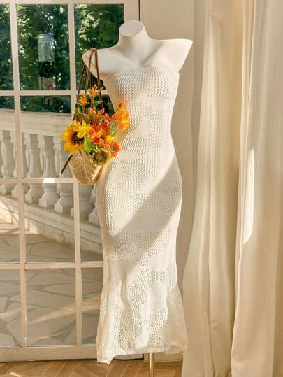 Skyraze Women's Elegant Slimming Crochet Halter Knitted Dress,Vacation Style Music Festival Fashionable And Elegant Boho White Long Dress