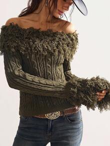 Bohemela Áo len dài tay hở vai họa tiết cáp màu trơn chắp vá thời trang cho nữ vào mùa thu/đông - màu xanh lá - Xem 3