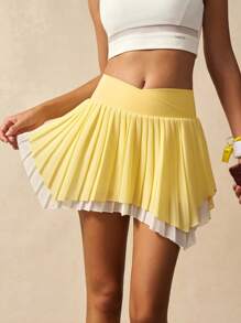 VARSIVA Women's Overlap Waist Pleated Asymmetrical Hem 2 In 1 Sports Skort Yellow Tennis Skirt Workout Skirt - Multicolor - View 9