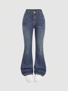 SHEIN بنطلون جينز أزرق كلاسيكي ضيق مرن ذو خصر منخفض وقصة واسعة للمراهقات