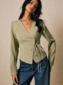 Poéselle 女式衬衫 不对称纽扣门襟领带 绿色衬衫 女式夹克 女式西装外套 休闲女式 优雅通勤 纯色斜领衬衫 冬季外套 冬季夹克 秋季上衣 女式秋装 女式冬装 秋季服装 外出上衣 商务休闲女式 老款服装 女式纽扣衬衫女式 - 綠色 - 查看 6