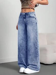 SHEIN Tall Quần Jeans Nữ Quần Ống Rộng Rộng Thường Ngày Quần Jeans Nữ Cao Quần Đen Quần Jeans Cạp Thấp Quần Jeans Cạp Thấp Quần Baggy Quần Nữ Quần Nữ Cao - Rửa nhẹ - Xem 3