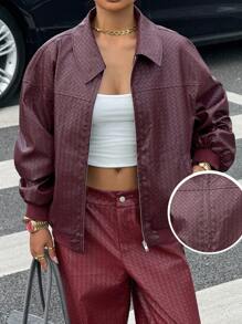 Muchica 女式纯色落肩长袖拉链 PU 皮夹克 - 紅色 - 查看 6