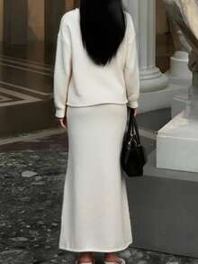 INAWLY 2pcs/Set Cashmere Blend Oversized Pullover Sweater & Skirt Fall Winter Cloth For Women - Beige - View 2