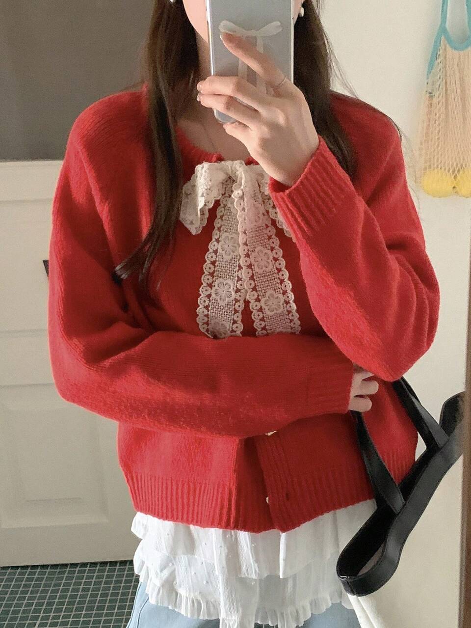 Lace-Up Cardigan With Design Sense, Slouchy For Autumn/Winter Christmas Long Sleeve Tops