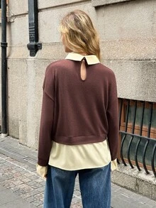 Elyressa Women's Contrast Color Lapel Drop Shoulder Long Sleeve Loose Casual T-Shirt - Khaki - View 2
