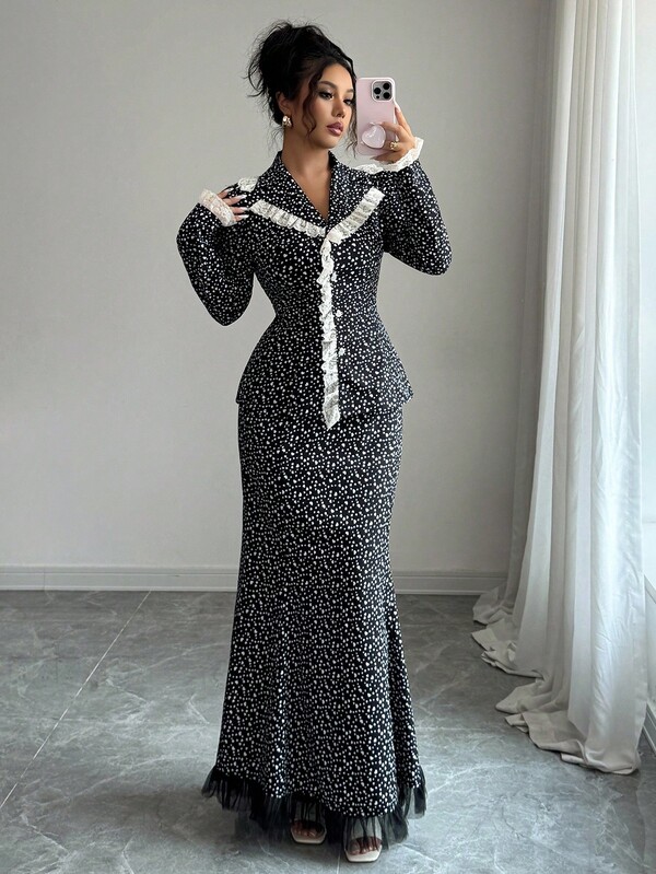 Elenzga 女式波尔卡圆点印花西装外套，灯笼袖蕾丝花边，心形水钻纽扣美人鱼下摆长裙两件套，优雅法式复古通勤风格，适合休闲、约会、秋冬