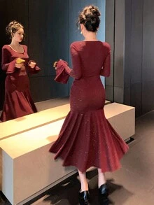 DAZY Women's Square Neck Flare Sleeve Glitter Fish Tail Hem Elegant Mid-Length Dress Red Women Dresses Prom Dress