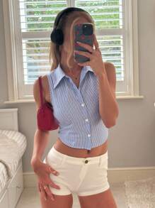 CovetEZ 海军蓝和白色条纹梭织女式衬衫 - 藍白色 - 查看 2