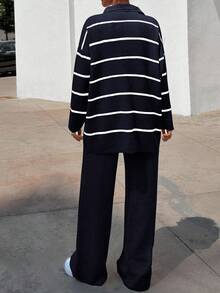 EURMUSE Women Striped Sweater Cardigan And Pant Set,Co Ord,Winter Clothes - Navy Blue - View 2