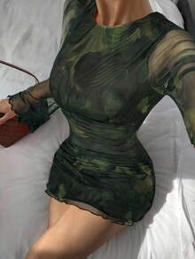 Siren Gaze 女士时尚性感扎染露背迷你连衣裙 - 軍綠色 - 查看 3