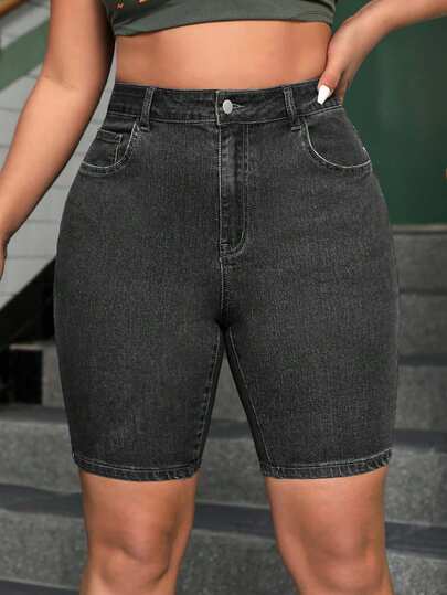 EURMUSE Plus Size Women High Waist Pockets Skinny Casual Denim Shorts