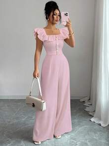 Elenzga Bộ đồ liền thân thắt lưng giả cổ vuông phối bèo nhún mới cho nữ, bộ đồ liền thân cạp cao thanh lịch, thoải mái khi đi làm hàng ngày - Hồng - Xem 4