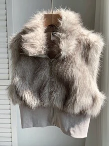 Comfortcana Women's Solid Color Zipper Front Faux Fur Vest Jacket In Fall/Winter - Brown - View 5