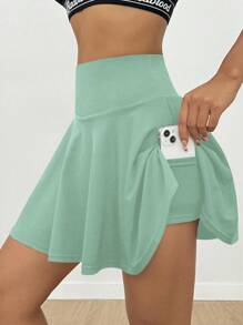 SHEIN Sports 女式纯色高腰口袋运动短裙 - 薄荷綠 - 查看 5