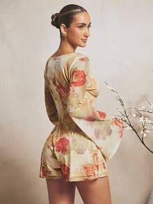 L'Amorae 优雅喇叭袖低领前系带迷你连体衣 - 彩色 - 查看 2