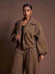 Veslaya 2025 Spring/Autumn New Arrival, Elegant & Commute & Party & Date, Solid Brown, Loose Fit Long Sleeve Plus Size Lapel Wool Blend Short Jacket For Plus Size Women - A Winter Fall