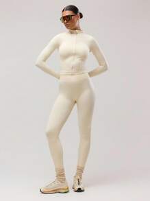 Musera Sport 塑形长袖拉链 Musera 运动夹克拇指孔健身服无缝修身束腰弹力 Padel 普拉提健身沙漠跑步者健身 - 奶油白 - 查看 5