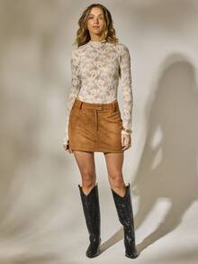 Aralina Fall Winter Western Stolkhom Style Suedette Mini Skirt Country Concert - Brown - View 5