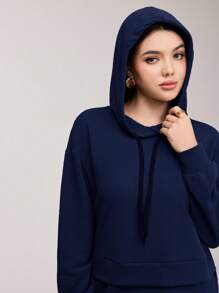 Veilorie Drop Shoulder High Low Hem Drawstring Hoodie & Joggers - Navy Blue - View 5